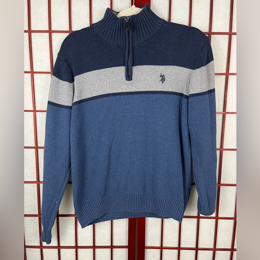 U.S Polo ASSN Blue And Grey Stripe Quarter Zip Sweater